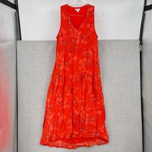Sundance Floral V Neck Tiered Midi Dress Orange Red Tassels Sz M Boho Cottage